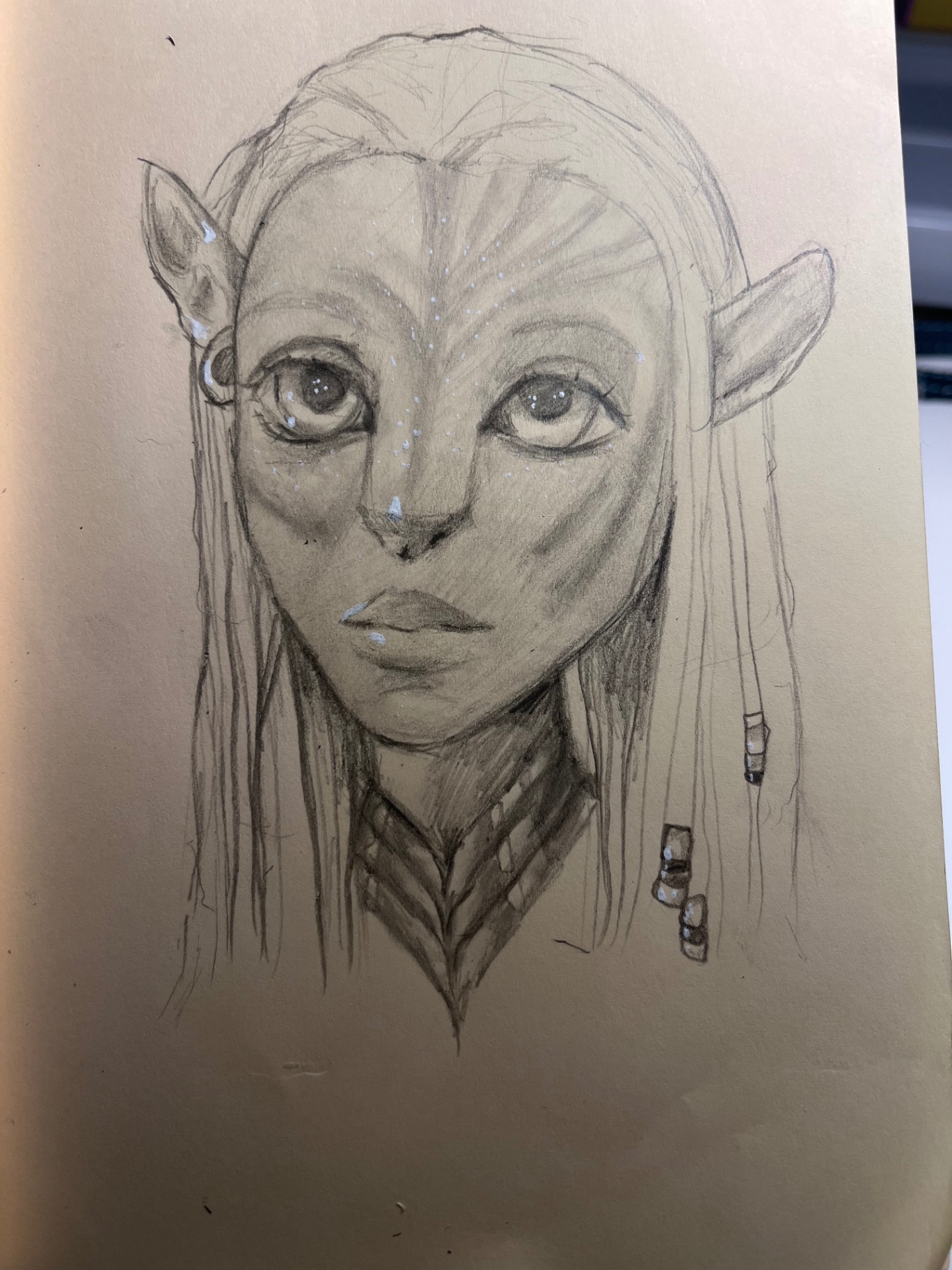 Pencil portrait of a long-haired character with pointed ears and beaded strands