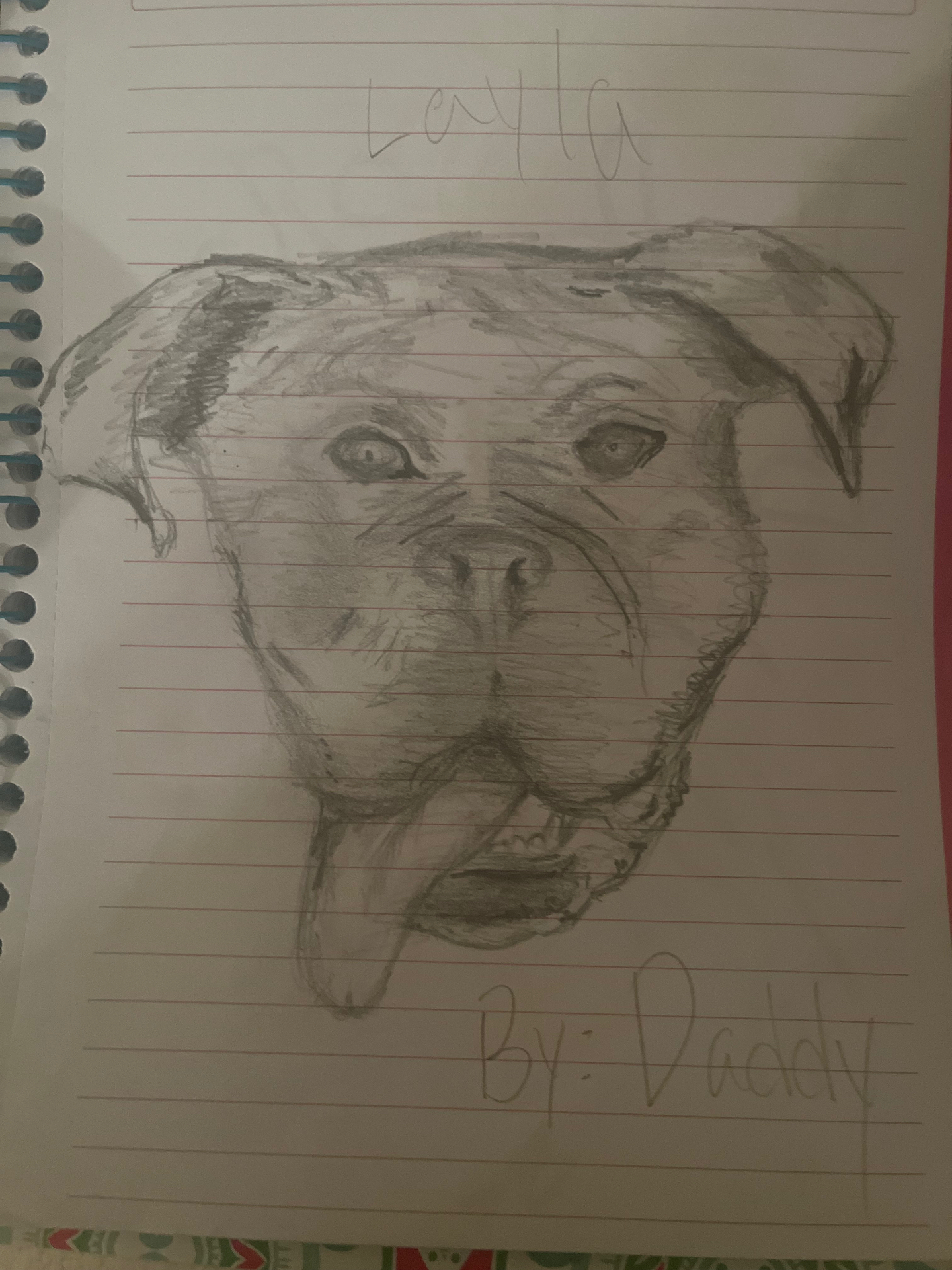 Pencil drawing of a dog named Laila with her tongue out