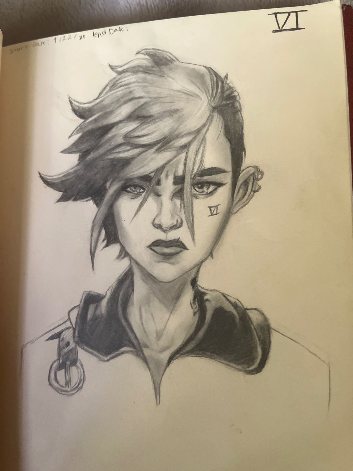 Pencil portrait of a short-haired character with a Roman numeral six marked on the cheek