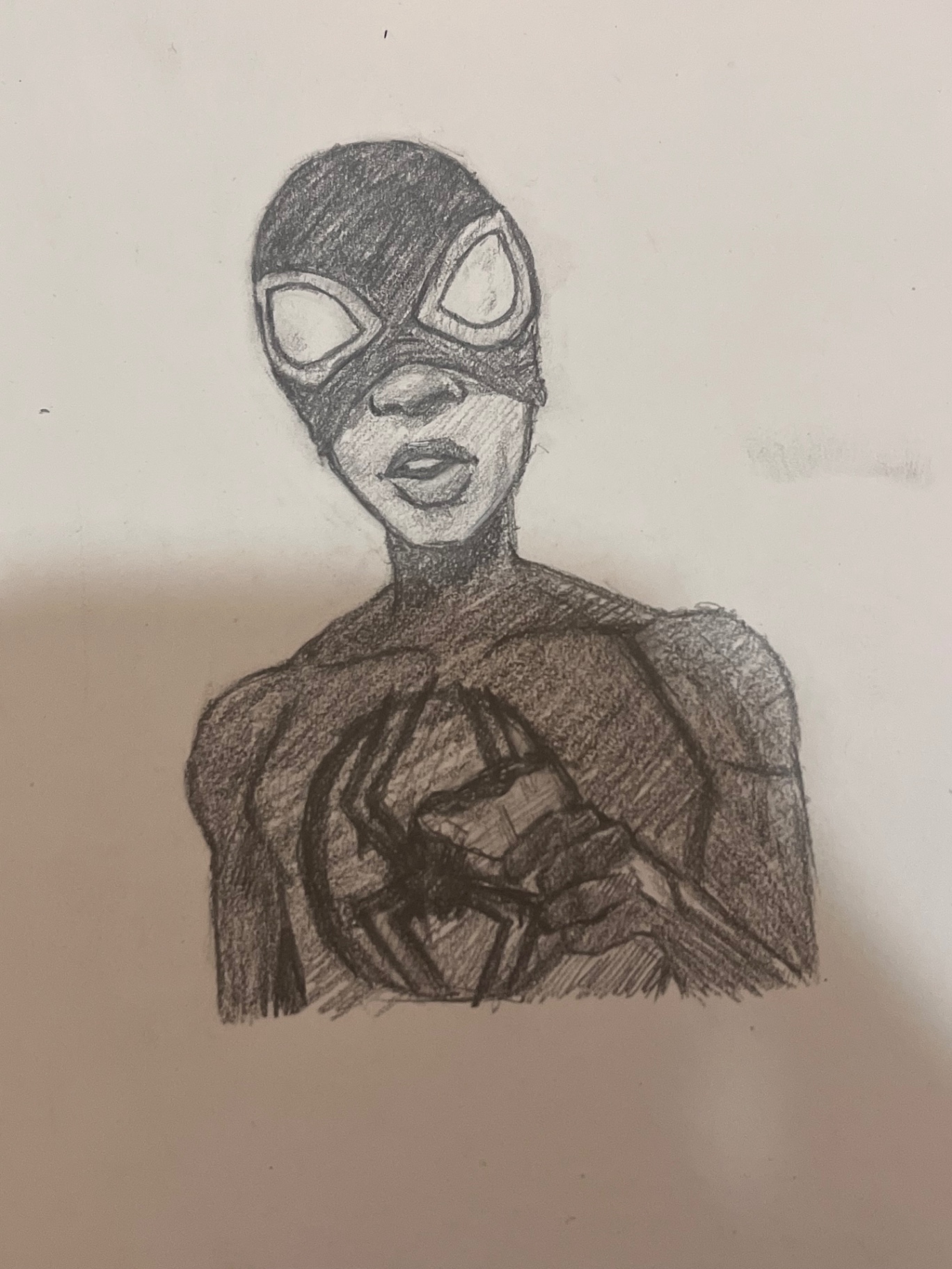 Pencil drawing of Miles Morales in a spider-emblem suit