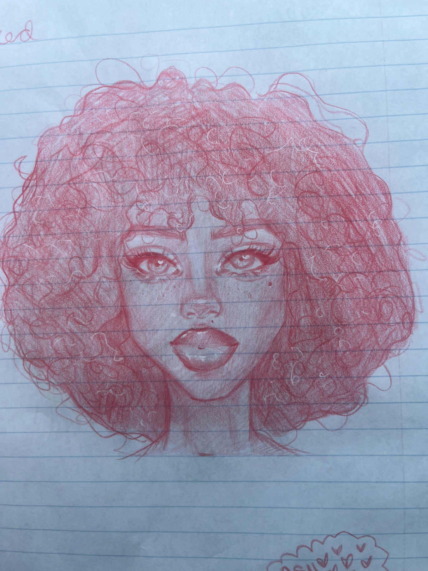 Red colored pencil portrait of a woman with a full head of voluminous curls