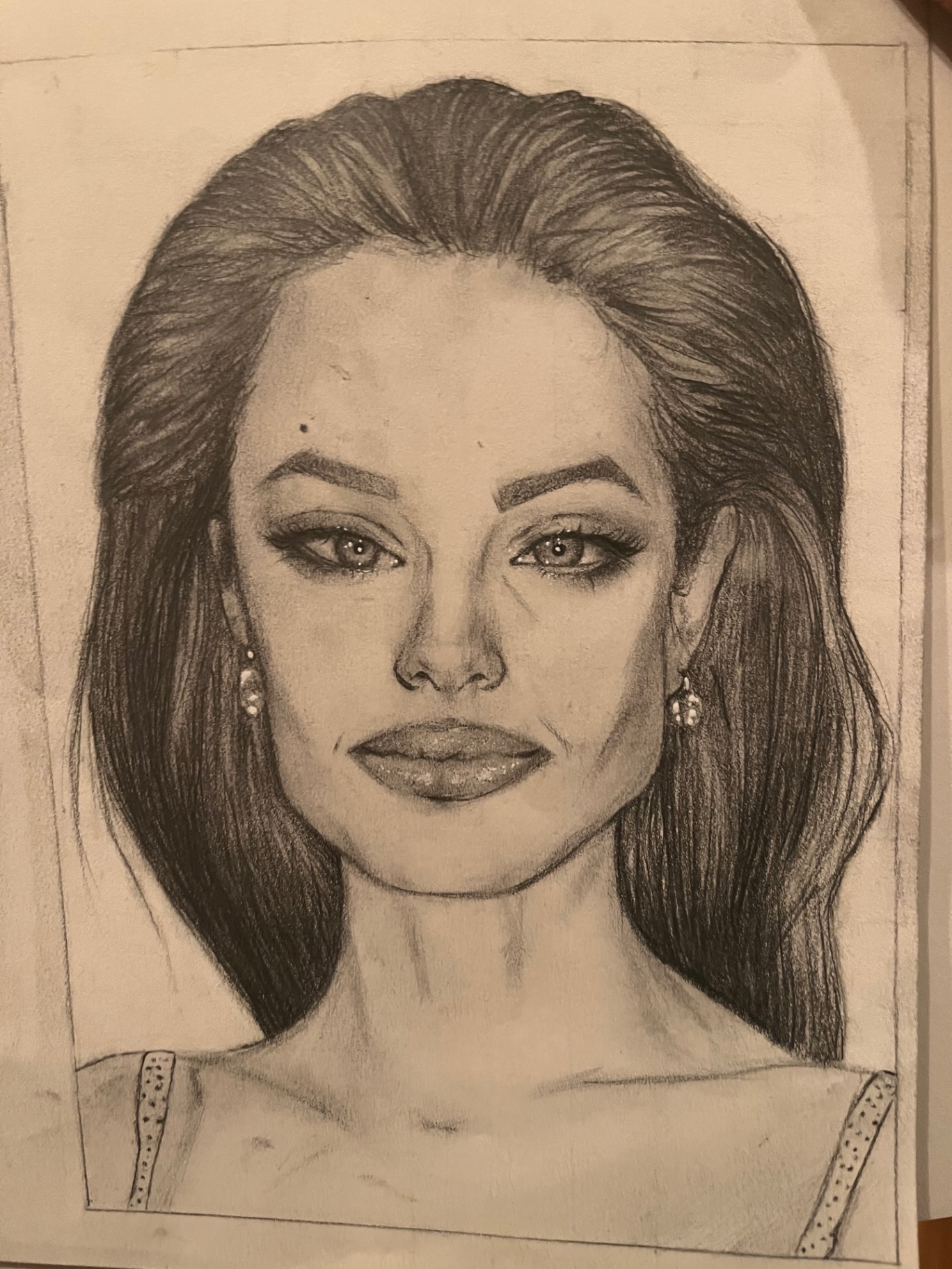 Pencil portrait of a woman with sleek shoulder-length hair and drop earrings
